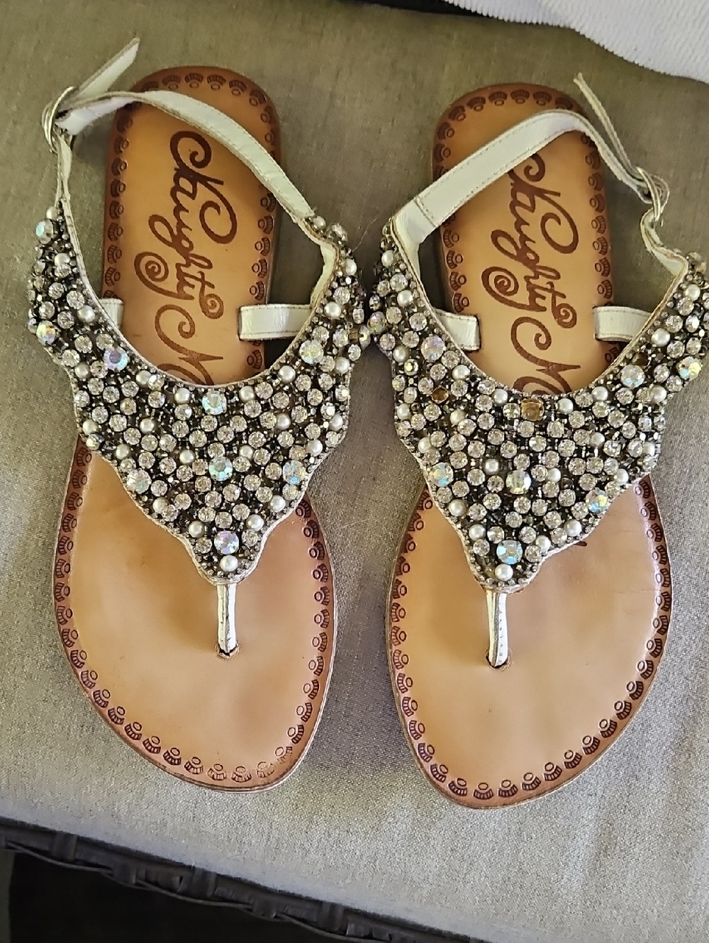 Naughty Monkey Embellished Silver Crystal T-Strap Sandals 7.5